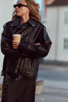 Байкерская куртка оверсайз из искусственной кожи ZARA, черный