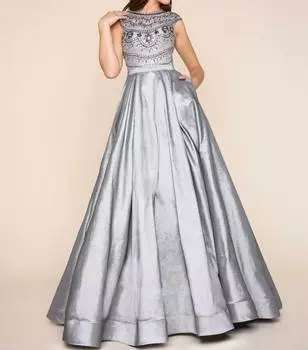 Бальное платье из тафты с бисером в угольном цвете Mac Duggal, цвет charcoal