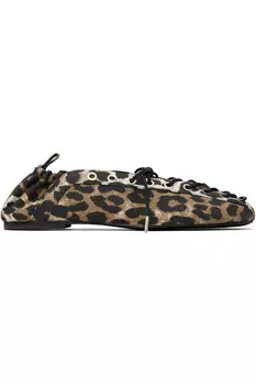 Балетки из денима с принтом на шнуровке Ganni, цвет leopard