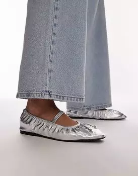 Балетки из кожи Chia с рюшами и ремешком серебристого цвета Topshop