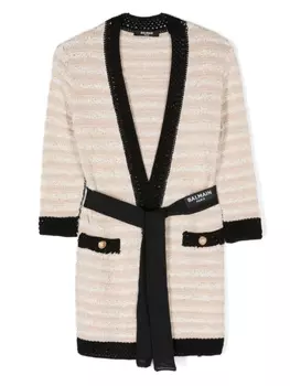 Balmain Kids кардиган в полоску с поясом, нейтральный цвет