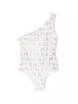 Balmain Kids купальник на одно плечо с логотипом и блестками, белый