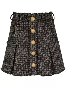 Balmain твидовая юбка мини со складками, черный
