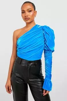 Бархатное боди с буфыми рукавами Boohoo, синий