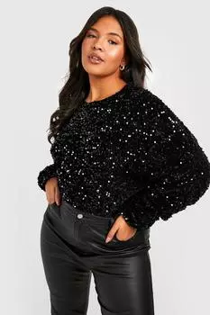 Бархатное боди с пайетками и длинными рукавами Boohoo, черный