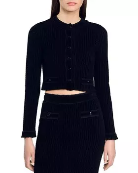 Бархатный вязаный кардиган Sandro Leandro, черный