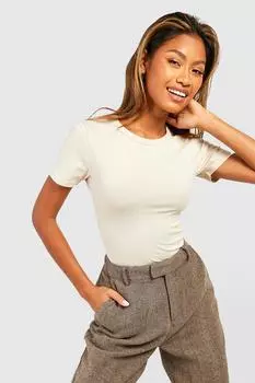 Базовое хлопковое боди с круглым вырезом и короткими рукавами boohoo, бежевый