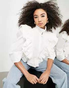 Белая рубашка с рюшами и высоким воротником ASOS EDITION
