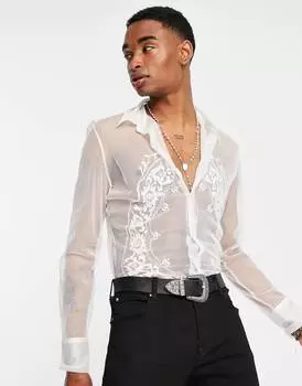Белая сетчатая рубашка скинни с вышивкой ASOS DESIGN