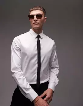 Белая узкая сатиновая рубашка с длинными рукавами Topman