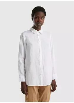 Белая женская льняная рубашка 5BMLDQ02U Benetton, белый