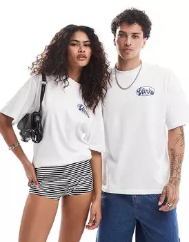 Бело-синяя футболка с принтом на рукавах и спине Vans global line