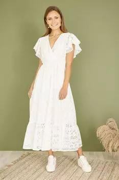 Белое хлопковое платье миди с запахом и вышивкой Broderie Anglaise Yumi, белый