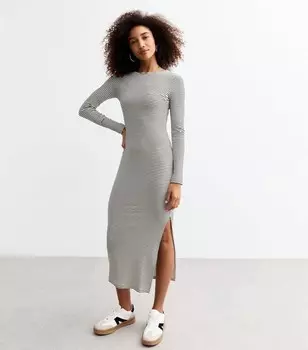 Белое платье миди в рубчик с длинными рукавами и боковым разрезом New Look, белый