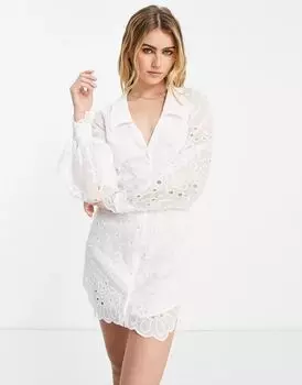 Белое укороченное платье-рубашка с цветочным ажуром ASOS