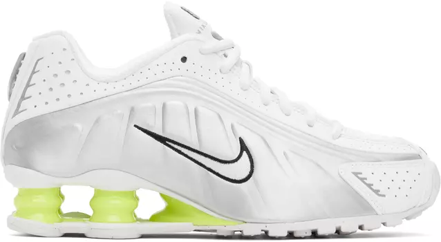 Белые и серебристые кроссовки Shox R4 Nike, White/Metallic silver/Volt/White