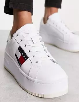Белые кожаные кроссовки с флажками на платформе Tommy Jeans