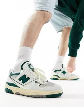 Белые кроссовки New Balance 550 с зелено-серыми деталями