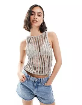 Бежевая текстурированная майка открытой вязки Pull&Bear