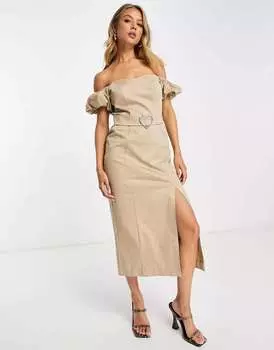 Бежевое платье миди с открытыми плечами River Island