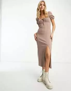 Бежевое платье миди в рубчик с пышными рукавами Miss Selfridge