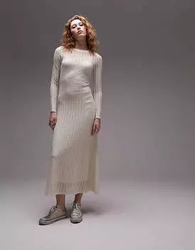 Бежевое трикотажное платье макси с длинными рукавами Topshop