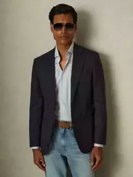 Блейзер Reiss Grace Wool Blend Prince of Wales Check Single Breasted, темно-синий