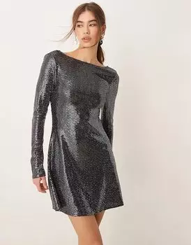 Блестящие пайетки с длинными рукавами мини-платье клеш Miss Selfridge