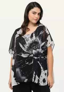 Блуза DOUBLE PAISSEUR DCOLLET ROND MANCHES COURTES IMPRIM FLEURS Ulla Popken, черный