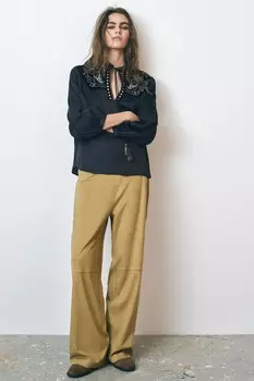 Блузка из контрастного бархата ZARA, темно-синий
