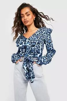 Блузка с леопардовым обрюшком Boohoo, синий