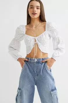 Блузка с окантовкой и длинными рукавами H&amp;M, белый
