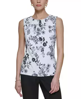 Блузка с принтом и плиссированной горловиной, размеры Regular и Petite Calvin Klein, белый