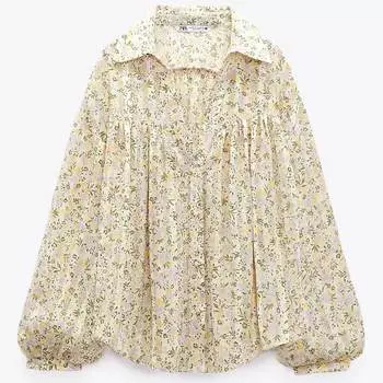 Блузка Zara Floral Print, светло-бежевый/зеленый