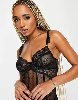 Боди Ann Summers Sweetheart Lace And Spot Mesh Underwired With Lace Frill Strap Detail, черный