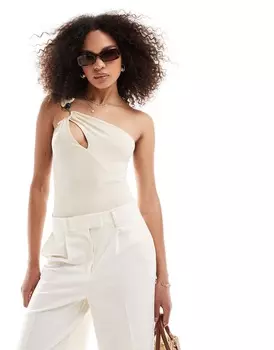 Боди Asos Design One Shoulder Trim Detail, серовато-бежевый
