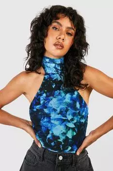 Боди из сетки с цветочным принтом Boohoo, синий