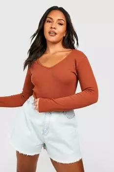 Боди plus basic с глубоким вырезом в рубчик Boohoo, шоколадный