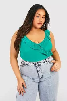 Боди plus one плечо с рюшами Boohoo, зеленый