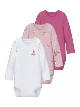 Боди с длинными рукавами Name It "NBFBODY 3P LS IBIS ROSE DEER NOOS", цвет Ibis Rose