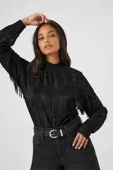 Боди с кружевной бахромой Forever 21, черный