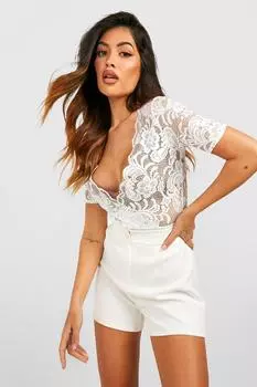Боди с кружевным запахом и короткими рукавами Boohoo, белый