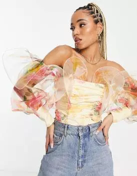 Боди с кружевом и цветочным принтом ASOS LUXE