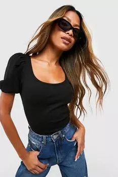 Боди с овчным вырезом и туфными рукавами Boohoo, черный
