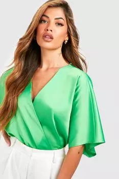 Боди с запахом и рукавами angel Boohoo, зеленый