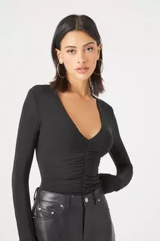 Боди со сборками и длинными рукавами Forever 21, черный