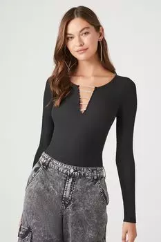 Боди со стразами и длинными рукавами Forever 21, черный