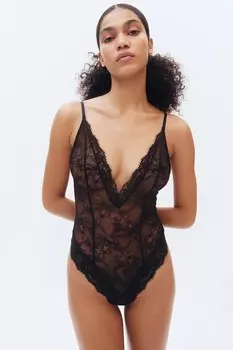 Боди стринги из кружева с глубоким вырезом H&M, черный