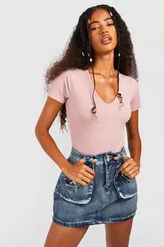 Боди в ребку с v-образным вырезом и короткими рукавами Boohoo, румяна
