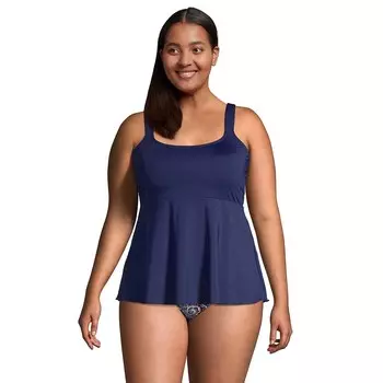 Большие размеры Lands' End Flutter Empire Waist Комфортный купальник-танкини с ремнем Верх, цвет Deep Sea Navy